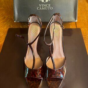 Vince Camuto Tortoise Strap Heels – Size 11, 3.5” Heel with Gold Trim